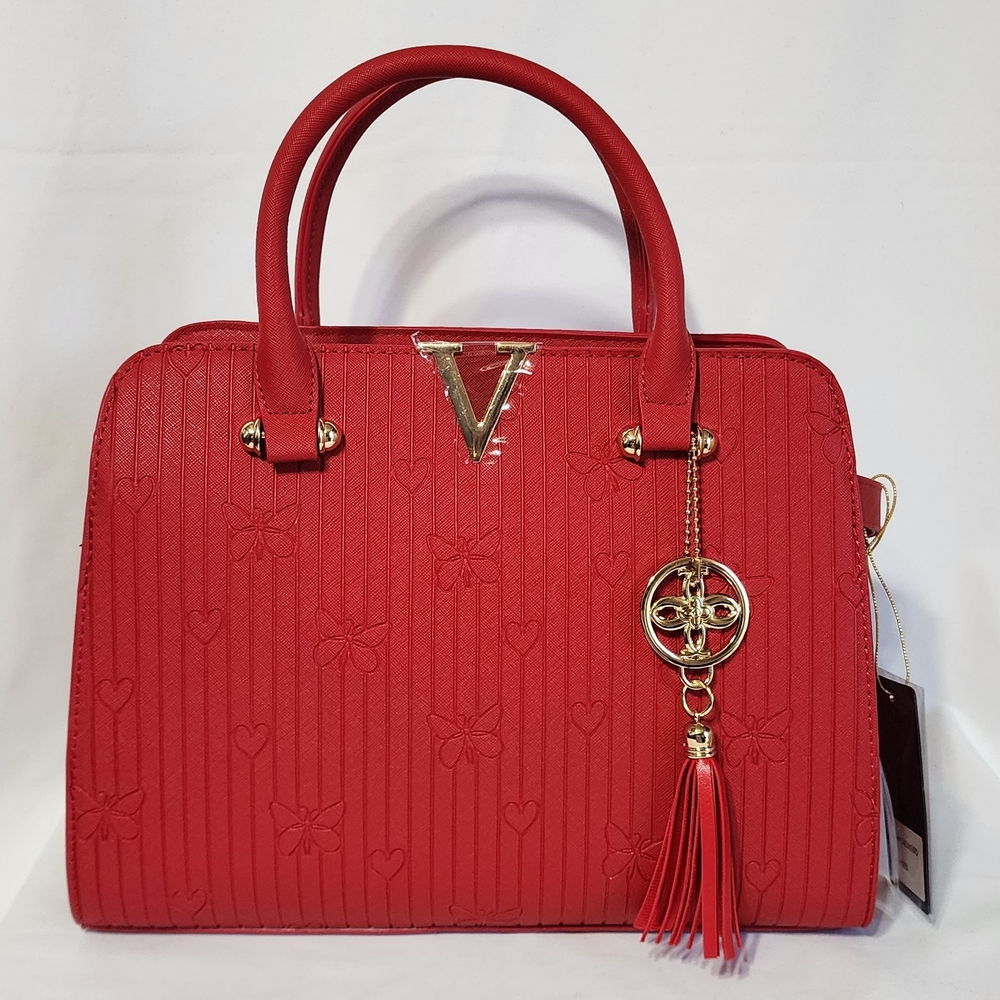 Red Faux Leather Satchel with Gold Hardware, Embossed Desing, Charm Tassel